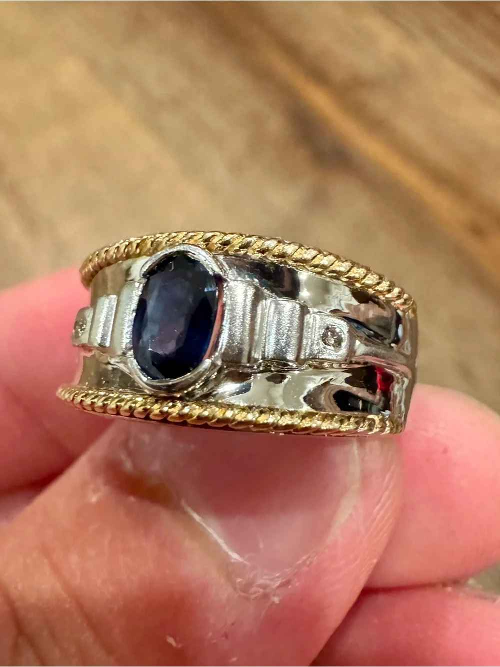 14K White and Yellow Gold Blue Sapphire Statement Ring